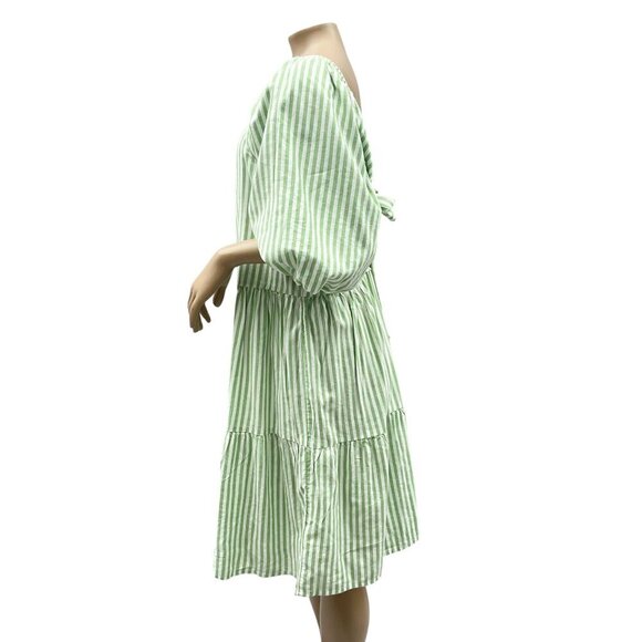 Beachlunchlounge Women Back Bow Babydoll Dress Balloon‎ Sleeve Striped Green L - Picture 8 of 15
